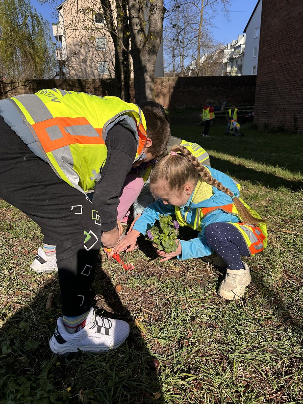 Kinder pflanzen Blumen ein