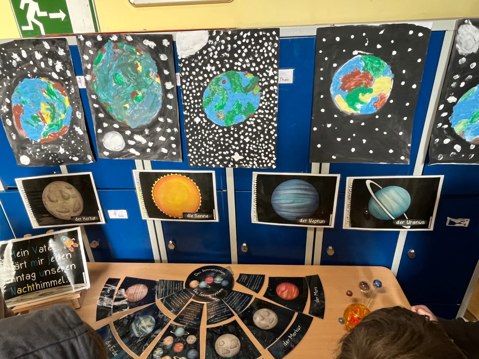 gemalte Bilder mit Motiven der Erde und Photos von Planeten