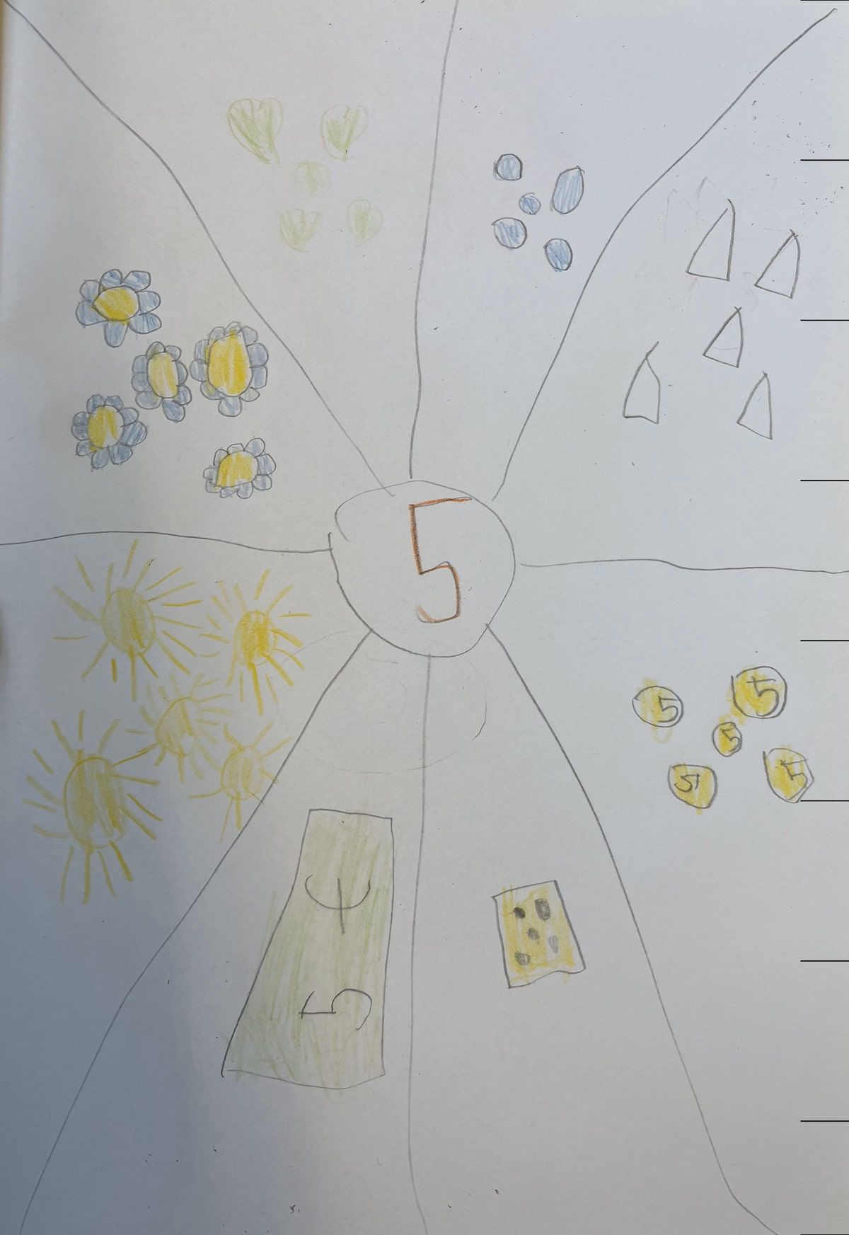 Gezeichnete Beispiele für die Zahl 5 auf einem Blatt