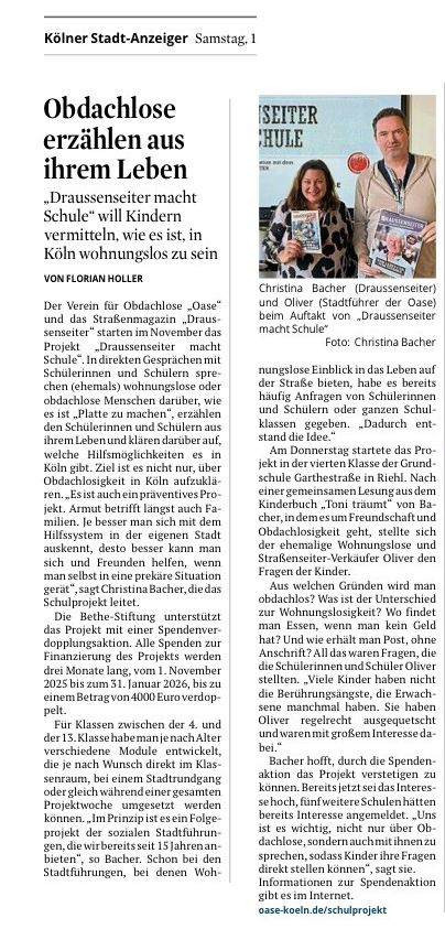 Obdachlose erzählen aus ihrem Leben, 01.11.2025 Kölner Stadt-Anzeiger