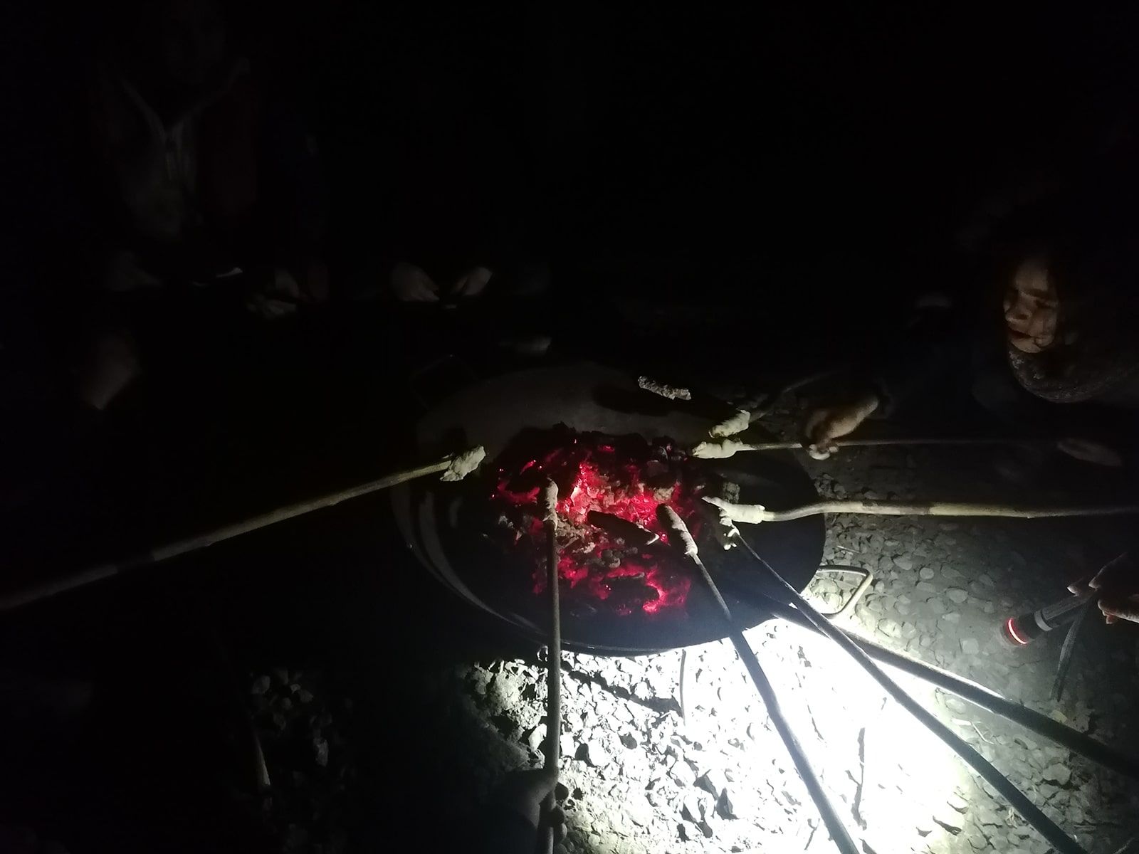 Kinder machen Stockbrot über glühendem Holz